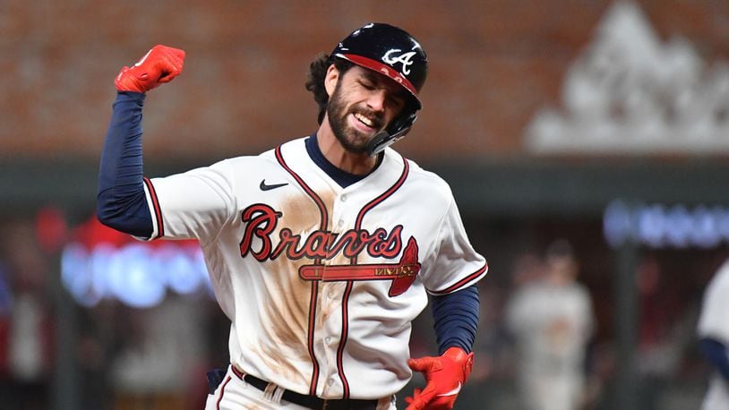 Men Atlanta Braves 7 Dansby Swanson 2021 Red World Series With