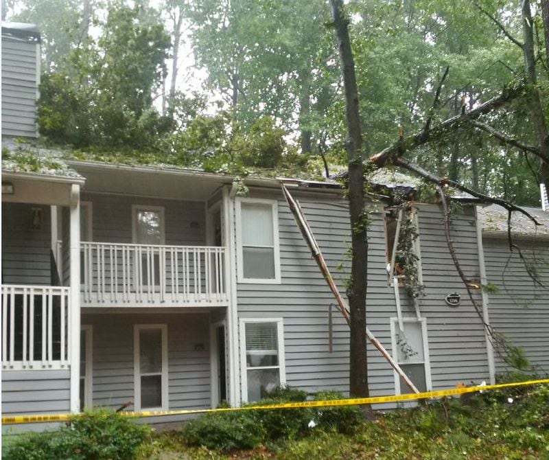 A tree fell on an apartment building on Old South Norcross Tucker Road on Monday afternoon.