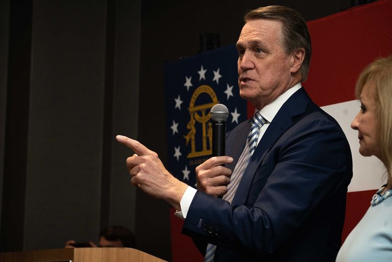 Republican gubernatorial candidate David Perdue speaks to supporters at an election-night event on May 24, 2022, in Atlanta, Georgia. The former U.S. senator, who was supported by former President Donald Trump, lost to incumbent Gov. Brian Kemp in today's Republican primary. (Megan Varner/Getty Images/TNS)
