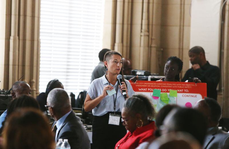 July 16, 2019 Atlanta- Moki Macias, from Pre-Arrest Diversion Initiative, speaks during the first meeting of the Reimagining Atlanta City Detention Center Task Force at Atlanta City Hall on Tuesday, July 16, 2019. The purpose of the task force is to find another use for the Atlanta City Detention Center that would benefit the entire community. Christina Matacotta/Christina.Matacotta@ajc.com