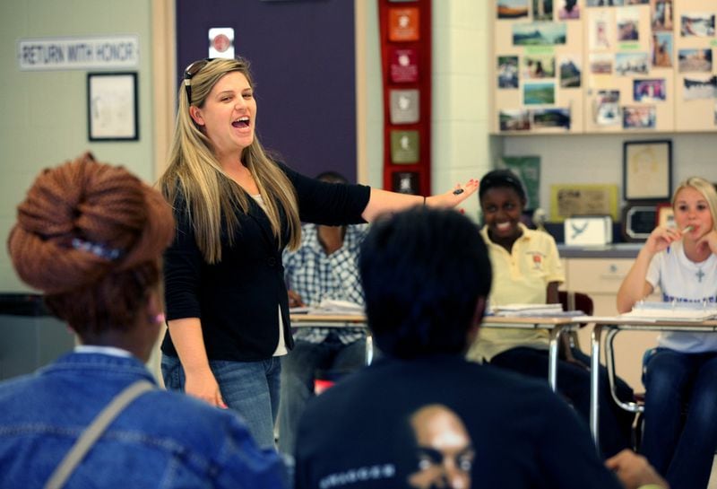 Candace Britt, a counselor with the nonprofit Aid to Victims of Domestic Abuse, Inc., conducts a class with students at Boynton Beach High with the goal of preventing teen dating violence.