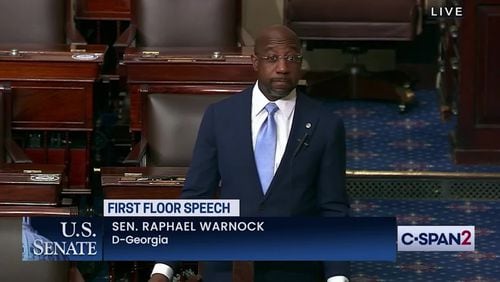 Georgia U.S. Sen. Raphael Warnock delivered his first speech on the Senate floor on Wednesday. He deviated from his prepared remarks, which were focused on implementing new laws to expand access to voting, to share thoughts about a series of shootings in Atlanta Tuesday night that left eight dead, including six Asian women.
