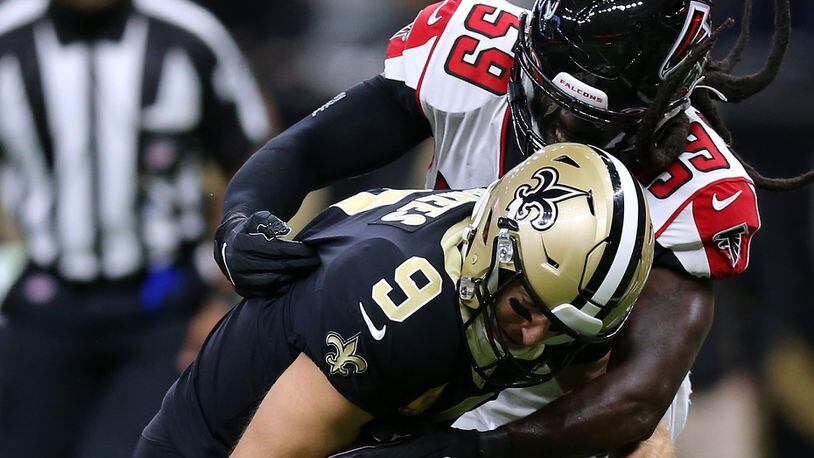 Saints quarterback Drew Brees is sacked by Falcons' De'Vondre Campbell during the first half Nov. 10, 2019, at the Mercedes Benz Superdome in New Orleans.