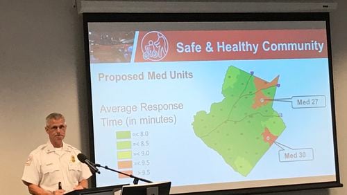 Gwinnett County fire Chief Casey Snyder presents his department's budget requests on Tuesday.