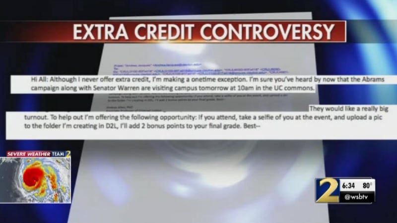 This is part of an email sent by a Clayton State University associate professor to students, which offered extra credit to those who took a selfie at Stacey Abrams' campaign event. (Photo: Channel 2 Action News)