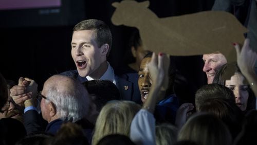 Conor Lamb, Democratic congressional candidate for Pennsylvania's 18th District, greets supporters at a Tuesday election night rally. Drew Angerer/Getty Images