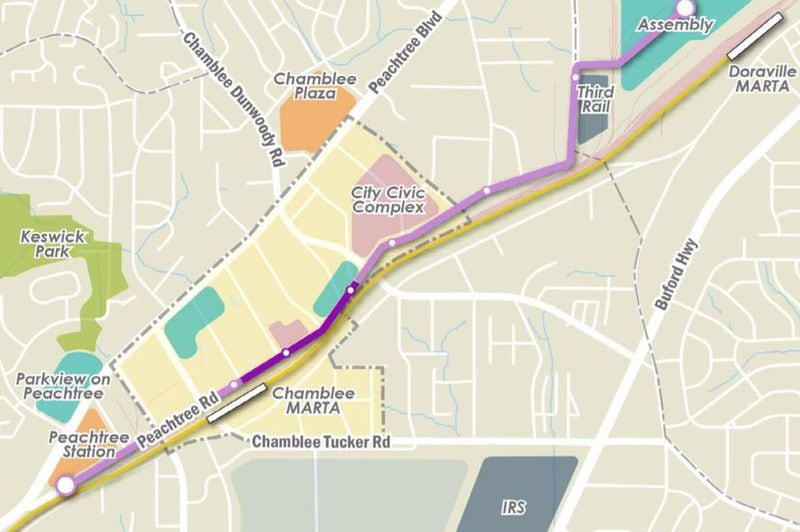 A map of the possible Chamblee shuttle route, with the core route in dark purple. (Photo: City of Chamblee via Stantec)
