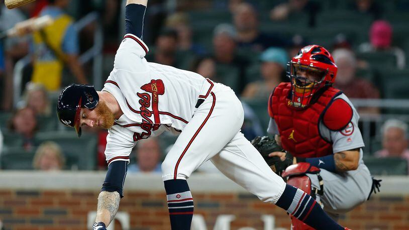 Pitcher Mike Foltynewicz  of the Atlanta Braves swings at a third strike in the second inning during the game against the St. Louis Cardinals at SunTrust Park on September 17, 2018 in Atlanta, Georgia.  (Photo by Mike Zarrilli/Getty Images)