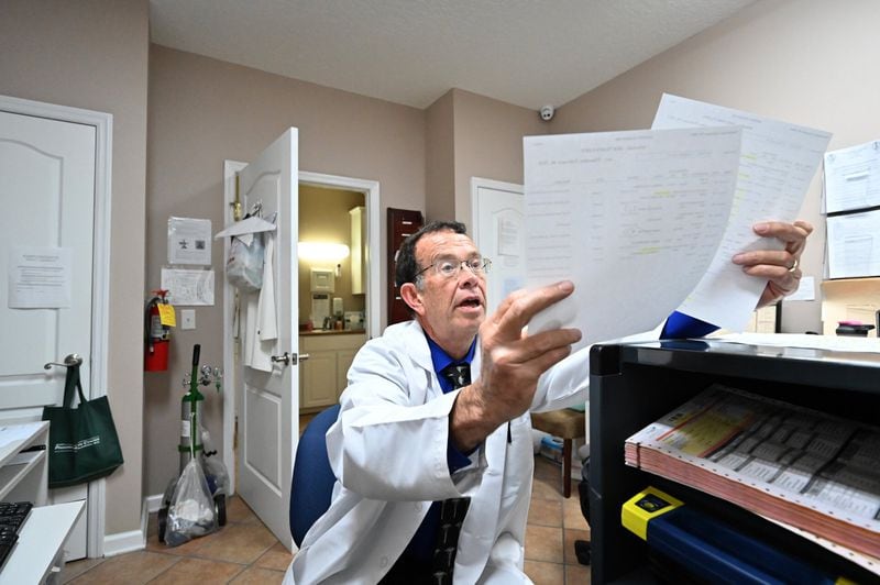 Dr. Jeffrey Harris checks appointment papers at Wayne Obstetrics and Gynecology in Jesup, Ga., on Feb. 6, 2020. A former Army doctor, Harris estimates upwards of 80% of his obstetric patients are poor enough to qualify for Medicaid or other state subsidies. (Hyosub Shin / Hyosub.Shin@ajc.com)
