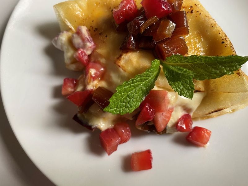 One of the desserts at the Alden is strawberry crepes with rhubarb caramel. CONTRIBUTED BY BOB TOWNSEND