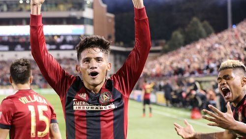 Atlanta United RC Yamil Asad reacts to scoring the team's first goal for a 1-0 lead against the N.Y. Red Bulls during the first game in franchise history on Sunday, March 5, 2017, in Atlanta. (Curtis Compton/ccompton@ajc.com)