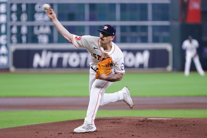 Houston Astros starting pitcher J.P. France throws against the Atlanta Braves during the first inning of a baseball game Wednesday, April 17, 2024, in Houston. (AP Photo/Michael Wyke)