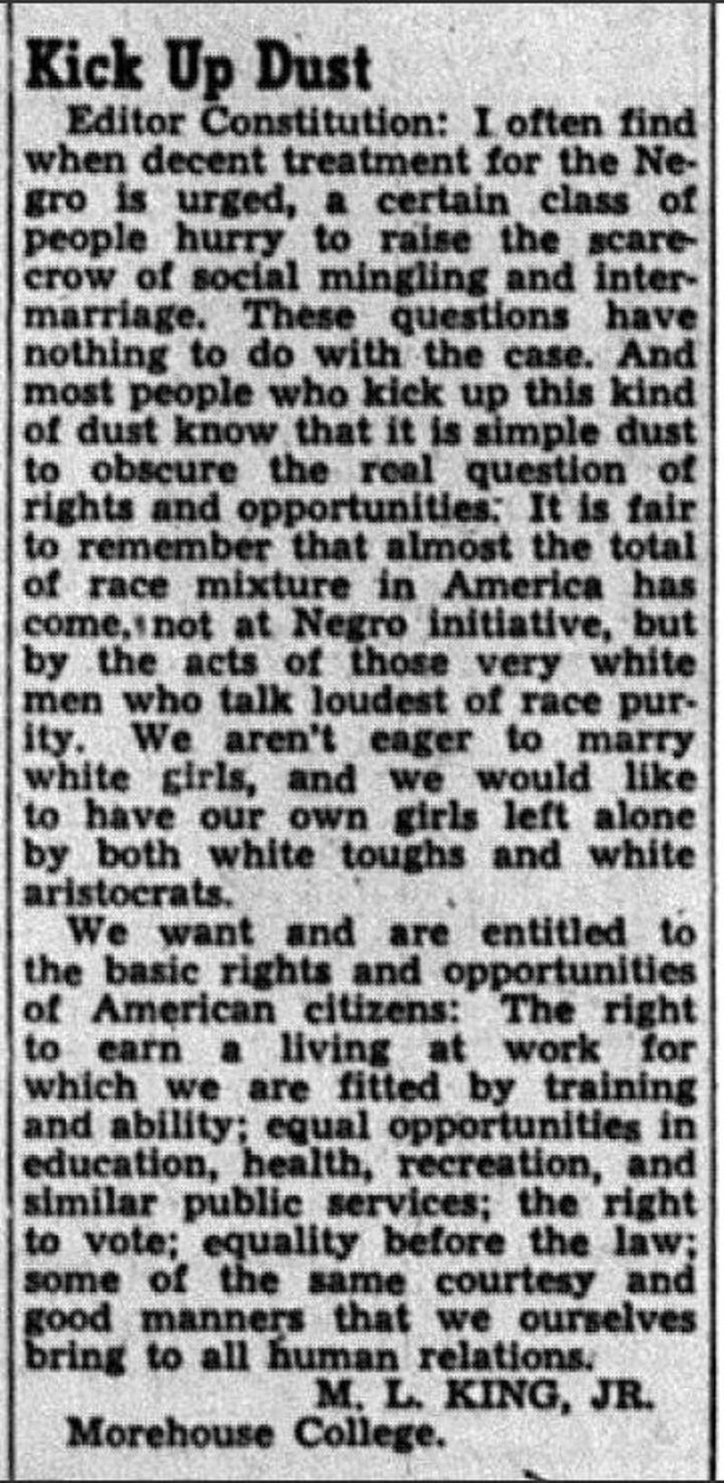 Image of M.L. King Jr.’s letter to The Atlanta Constitution. The newspaper published the letter Aug. 6, 1946.