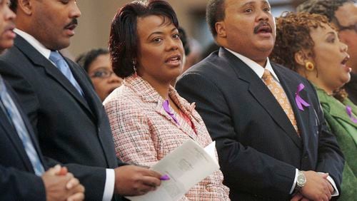 In this Feb. 6, 2006 file photo, the children of Martin Luther King Jr., and Coretta Scott King, left to right, Dexter Scott King, Rev. Bernice King, Martin Luther King III and Yolanda King participate in a musical tribute to their mother at the new Ebenezer Baptist Church in Atlanta. A judge in Atlanta is set to hear motions Tuesday, Jan. 13, 2015, in a lawsuit that pits Martin Luther King Jr.’s two sons against his daughter Bernice in a dispute over two of his most cherished items. (AP Photo/John Bazemore, File)