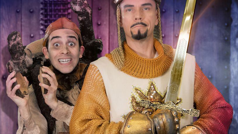 Roberto Mendez (left) plays a sidekick to Googie Uterhardt as King Arthur in City Springs Theatre’s musical spoof “Spamalot,” continuing through March 26 at the Sandy Springs Performing Arts Center.
Courtesy of City Springs Theatre