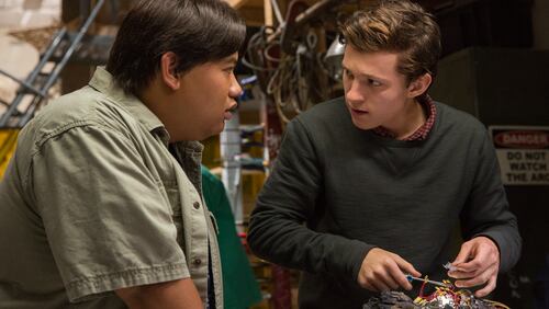 Jacob Batalon and Tom Holland in a scene from "Spider-Man: Homecoming." Production photos provided to the AJC by the Georgia Department of Economic Development