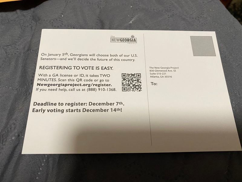 A New Yorker wrote on Twitter that she had received postcards from the New Georgia Project telling people how to register to vote.  The New Georgia Project said the postcards should reach potential Georgia voters.  Photo via Twitter.