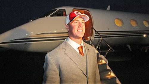 Matt Ryan arrived in Falcons owner Arthur Blank's personal jet at the Lee Gilmer Memorial Airport in Gainesville after the team picked the Boston College star No. 3 overall in the NFL Draft on Saturday, April 26, 2008. Ryan was headed to his new team's headquarters in Flowery Branch. The team uses Blank’s jet, likely a newer one now, to help prepare for the NFL draft.  (By Curtis Compton/ccompton@ajc.com)