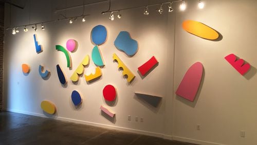 “21 Shapes” in acrylic on wood by Alex Brewer (aka Hense) at Sandler Hudson Gallery.