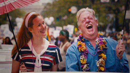 Actress Laura Linney and author Armistead Maupin ride in the San Francisco Pride Parade in the documentary “The Untold Tales of Armistead Maupin,” which will be shown on Saturday at the AJC Decatur Book Festival. Maupin will take part in a Q&A after the screening. CONTRIBUTED BY OUT ON FILM