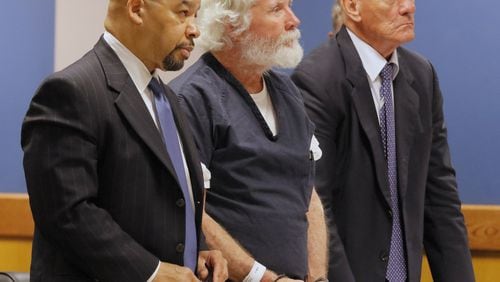 Aug. 25, 2017 - Atlanta, GA - Claud “Tex” McIver stands with his attorneys, William Hill (left) and Steve Maples Friday in Fulton Superior Court. He faces murder charges in the shooting death of his wife, though he says it was an accident. A judge is weighing whether to grant McIver freedom from jail to visit his dying mother. BOB ANDRES /BANDRES@AJC.COM