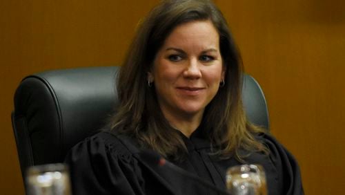 Georgia Supreme Court Justice Britt Grant, during oral arguments before the court in 2017. (DAVID BARNES / DAVID.BARNES@AJC.COM)