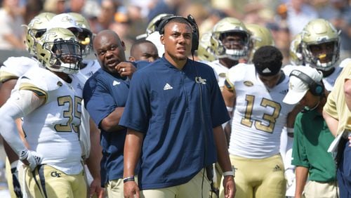 September 29, 2018 Atlanta - A.J. Gray stands in sideline in the second half at Bobby Dodd Stadium on Saturday, September 29, 2018.  Georgia Tech starter A.J. Gray gave up football because of medical issues HYOSUB SHIN / HSHIN@AJC.COM