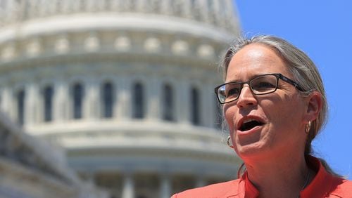 Rep. Carolyn Bourdeaux (D-GA) speaks during a news conference with fellow New Democrat Coalition members outside the U.S. Capitol on May 19, 2021 in Washington, DC. Coalition members highlighted their policy and legislation priorities around infrastructure. (Chip Somodevilla/Getty Images/TNS)