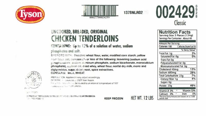 Tyson, Inc. label of recalled frozen chicken, sold in 3-pound plastic bags. The chicken is being recalled over concerns of plastic contamination found in the breading.