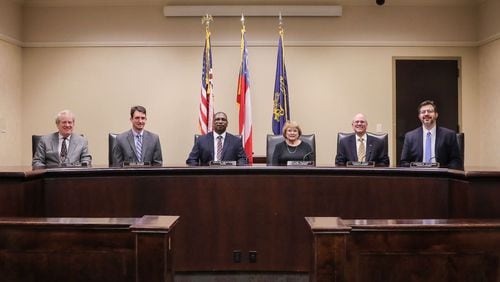 The Norcross City Council l-r: Council Members Dan Watch, Josh Bare, Mayor Craig Newton, and Council Members Elaine Puckett, Chuck Paul and Andrew Hixson. (Courtesy City of Norcross)