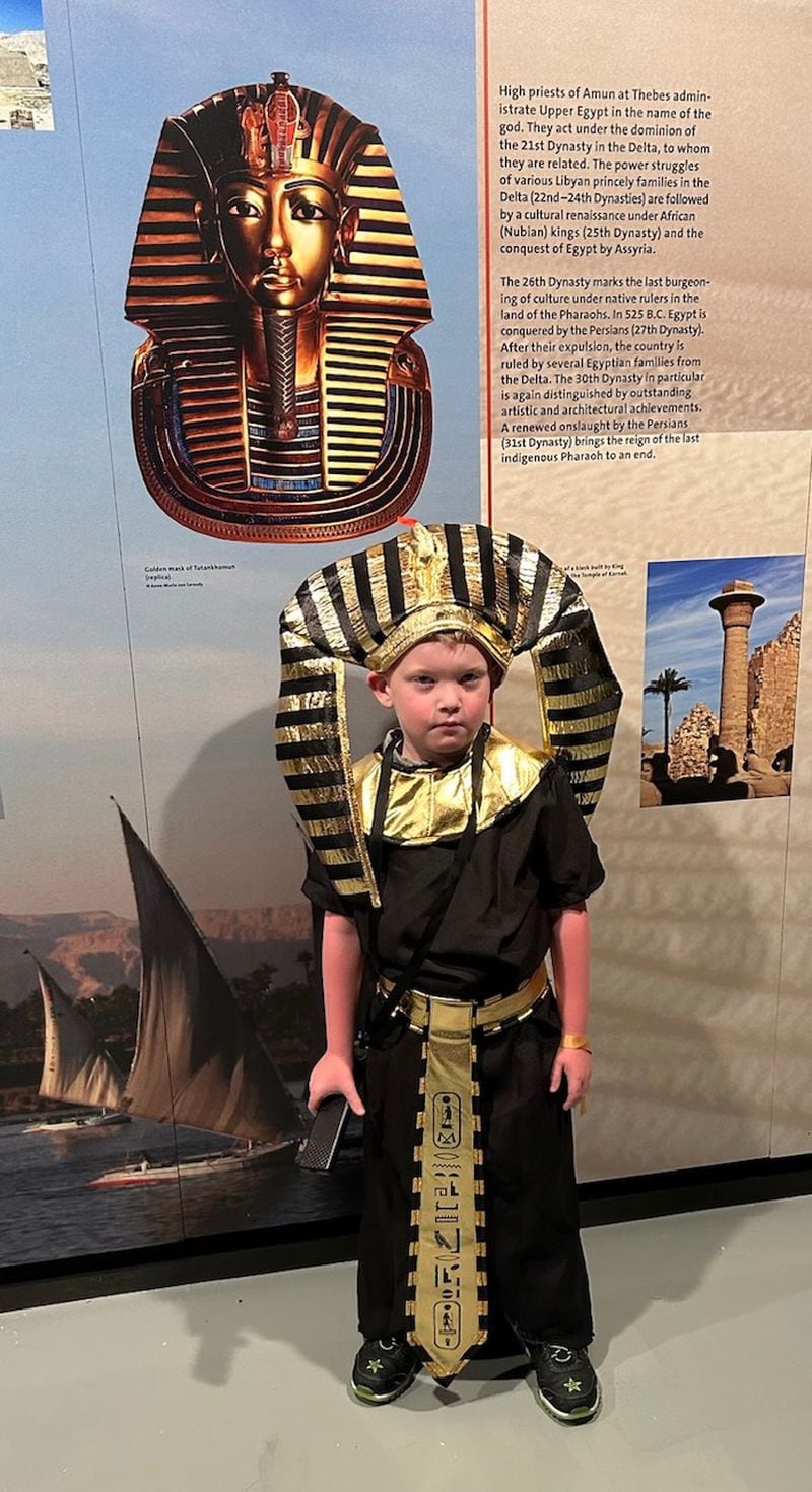 Five-year-old Declan Arrington of Cumming is a very young Egyptologist and decided to come to the King Tut replica exhibit at Exhibition Hub in Doraville as King Tut. CONTRIBUTED/Debbie Scealf