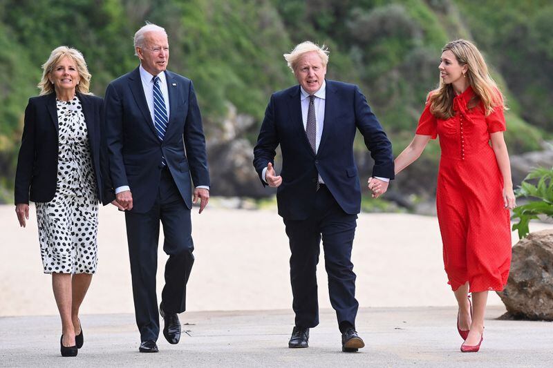 From left, first lady Jill Biden, President Joe Biden, British Prime Minister Boris Johnson and Carrie Johnson walk outside Carbis Bay Hotel, Carbis Bay, Cornwall, ahead of the G-7 summit in Cornwall, England. (Toby Melville/PA Photos/Abaca Press/TNS)