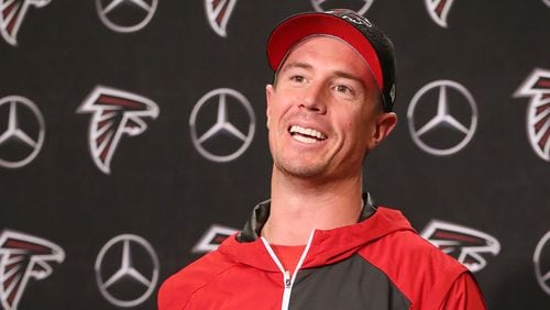 Atlanta Falcons quarterback Matt Ryan is all smiles speaking during a news conference Monday, May 7, 2018, after signing a new five-year, $150 million contract extension at the team headquarters Flowery Branch.