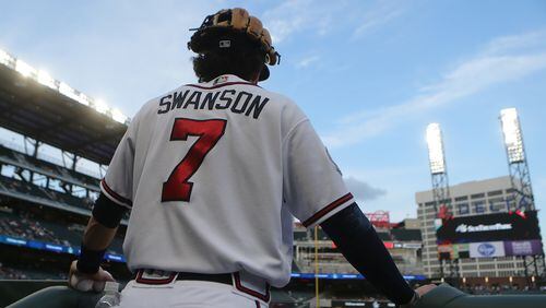 Atlanta Braves Dansby Swanson takes the field to play the Nationals Wednesday, April 19, 2017, at SunTrust Park in Atlanta.