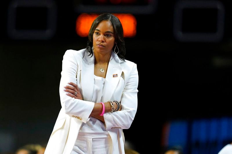 Georgia head coach Joni Taylor watches from the bench during the second half of a second-round game against Iowa State in the NCAA women's college basketball tournament, Sunday, March 20, 2022, in Ames, Iowa. Iowa State won 67-44. (AP Photo/Charlie Neibergall)
