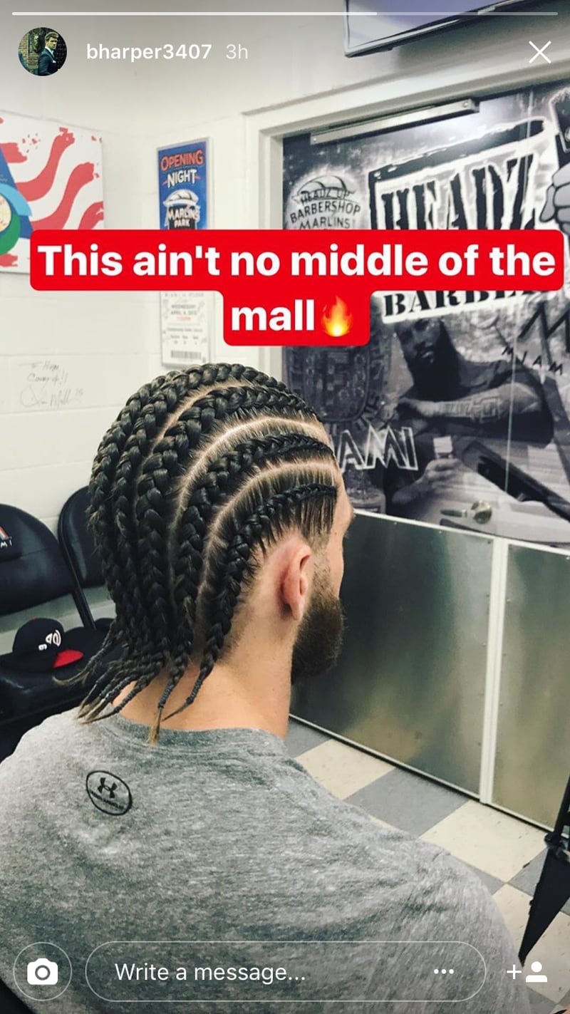 Bryce Harper posted a photo of his hair in cornrows on Tuesday.