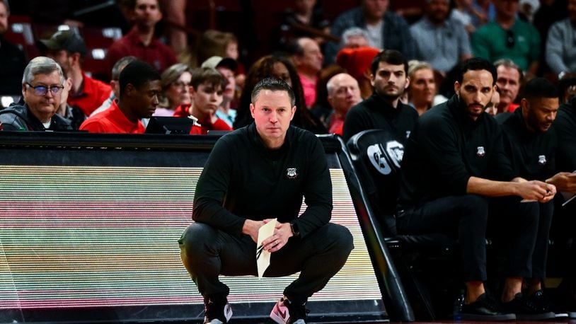 Georgia coach Mike White looks on from the sideline as the Bulldogs compete with South Carolina at Colonial Life Arena in Columbia, S.C., on Saturday, Mar. 4, 2023. (Rob Davis/UGA Athletics)