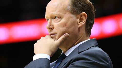 Hawks head coach Mike Budenholzer during the fourth period in the home opener against the Wizards in their NBA basketball game at Philips Arena on Thursday, Oct. 27, 2016, in Atlanta. Curtis Compton /ccompton@ajc.com