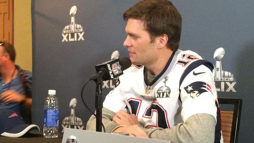 Tom Brady at his podium during a Super Bowl XLIX media session. (D. Orlando Ledbetter/dledbetter@ajc.com)