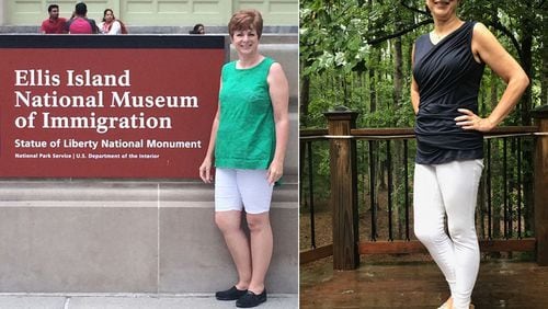 Boo Gibson, left, weighed 153 pounds when she visited Ellis Island in July 2016. She weighed 127 pounds in the photo, right, taken last month. (Photos contributed by Boo Gibson).
