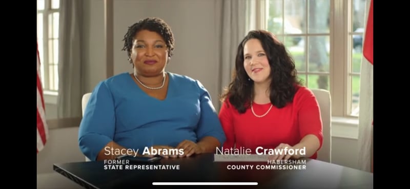 Fair Fight produced a television ad for the Super Bowl in 2019 featuring the group's founder, Stacey Abrams, left, and Habersham County Commissioner Natalie Crawford.