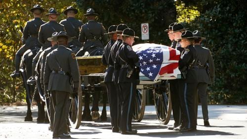 10/24/18 - Lawrenceville - A caisson carrying the casket arrives at the church.  Funeral services were held for Gwinnett Police Officer Antwan Toney at 12Stone church in Lawrenceville.  He was shot and killed last Saturday.   BOB ANDRES / BANDRES@AJC.COM