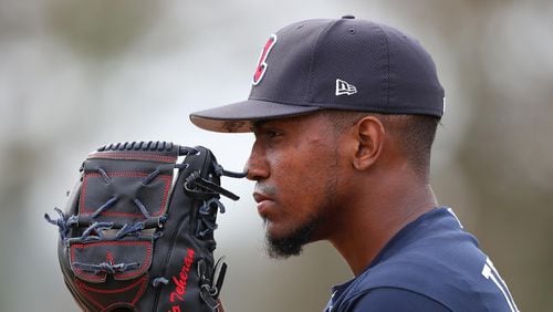 Julio Teheran prepares to throw a pitch while pitchers and catchers hold their first spring training workout on Wednesday Feb. 15, 2017, at the ESPN Wide World of Sports in Lake Buena Vista.   Curtis Compton/ccompton@ajc.com