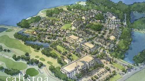 Rendering of Calistoa Lake McIntosh, a proposed 37-acre mixed use development for Peachtree City.