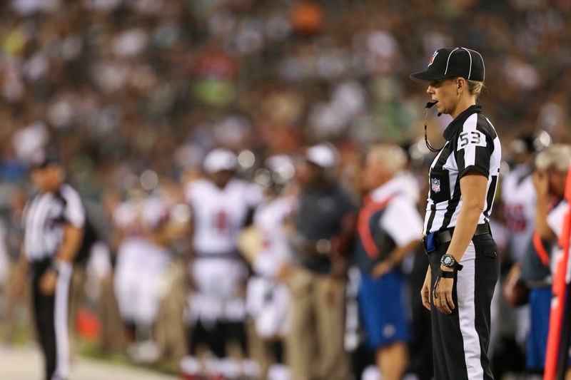 Sarah Thomas, who a week earlier became the first woman to work as a full-time on-field official in the NFL, handled the Falcons-Jets preseason game Friday night. (AP Photo/Adam Hunger)