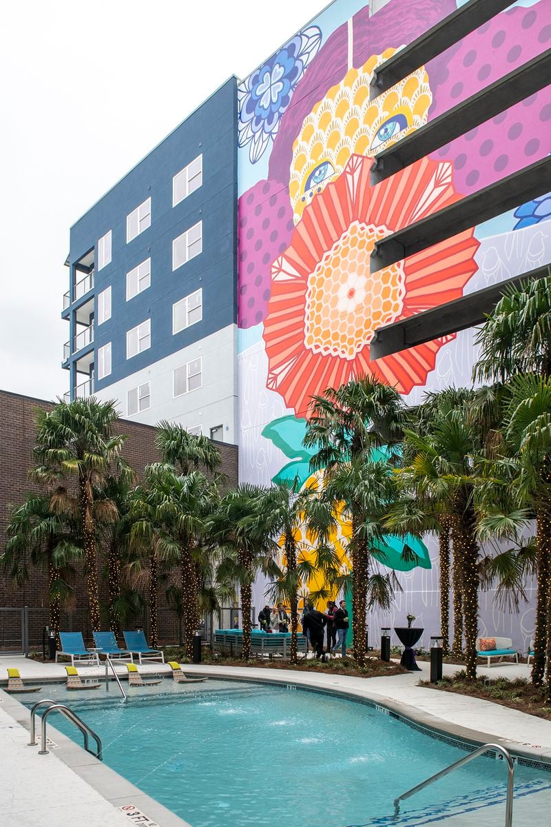 "Persephone Rising" looks over the swimming pool at Edge, a mixed-use development on the Beltline's Eastside Trail. It was created by Lauren Stumberg, Molly Rose Freeman, Lela Brunet Raymond and Laura Vela.
Courtesy of North American Properties