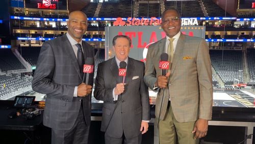 Hawks broadcasters (from left) on Bally Sports Southeast: occasional analyst Vince Carter, play-by-play announcer Bob Rathbun and analyst Dominique Wilkins. (Photo courtesy of Bally Sports)