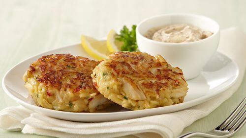 Sunday’s Yellow Rice Crab Cakes are served with potato salad. Contributed by Zatarains.com