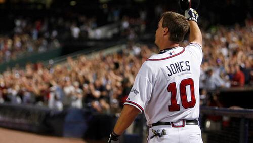 Braves' third baseman Chipper Jones acknowledges the crowd after hitting the 400th home run of his career in the 6th inning of their game against the Florida Marlins at Turner Field June 5, 2008.