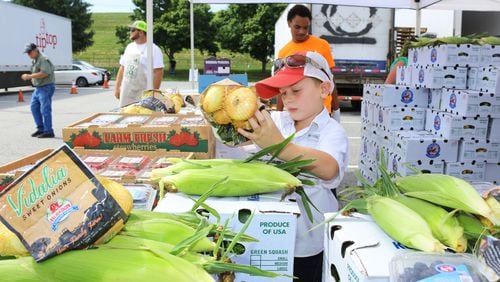 Five-year-old Rocky Mitchell of Vidalia came to Marietta in May to help pack vegetable boxes during the Georgia Grown fruit and vegetable sale. The State Department of Agriculture and other agencies set up a series of truck sale of Georgia produce to help farmers after COVID-19 shutdowns slowed demand for vegetables and fruits.